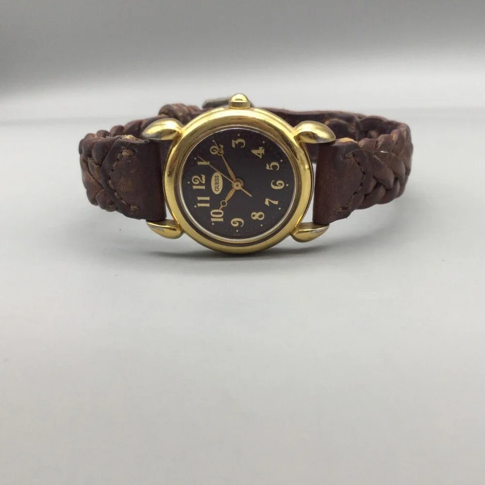 Vintage Guess Womens Watch 24mm Brown Dial Gold Tone Braided Leather New Battery